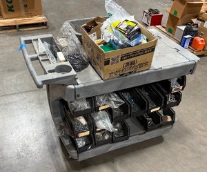 lot 123 image: ULine Utility Cart with slanted plastic bins holding hardware and other items.