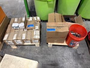 lot 129 image: (2) pallets of hardware including cabinet hinge components, shaft collars and more