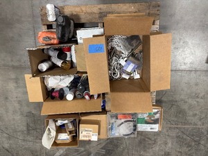 lot 105 image: Pallet of spray paint, WD40, compressor oil, metal tape hardware, electrical box and fasteners
