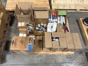 lot 113 image: Pallet of Caulk, Adhesive, PVC cement, Sealant, Primer, Paint rollers