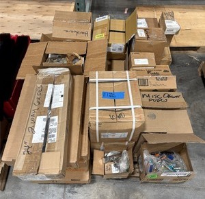 lot 117 image: Pallet of hardware Amerock, Blum, Accuride, cabinet hardware and more.