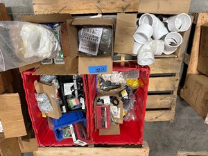 lot 118 image: Pallet of Hardware, PVC Couplers, threaded rods, machine screws, and more