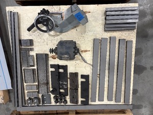 lot 97 image: Klutch Arbor Press 49565, Dunlap Motor, flat bar stock, rectangular steel tubing, and other metal pieces