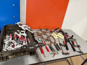 lot 171 image: Bessey F-style clamps, Mitre Gauge, RZX rivet nut tool, grout floats, mortar trowel, Kreg clamp, Milwaukee clamp