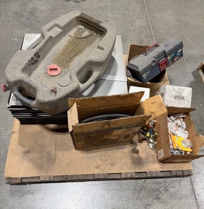 lot 169 image: Palletmetal shelves, copper adapters, steel wire, leveling feet, springs, hydraulic hose, oil catcher, tool box, 12 ball valve