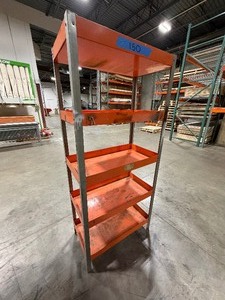 lot 150 image: 5-tier orange industrial shelf unit with 3 deep trays to prevent tools from slipping.