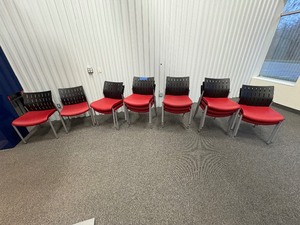 lot 247 image: (15) SitOnIt Seating Achieve office side chair, silver frame, black plastic back, red seat