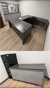 lot 249 image: Office furniture 65 x 30 credenza file, desk, bookcases and cabinet storage, chair, steel filing cabinet