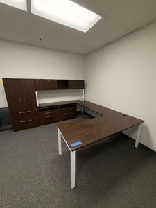 lot 267 image: Office suiteL-shaped desk with credenza, cabinet and wall mounted storage.