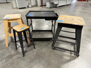 lot 240 image: (3) work benches, metal wwood top, all-wood table, black metal cart on casters. (1)stool wmetal frame