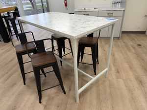 lot 251 image: Marble-top table 62 x 32  with (4) metal swivel bar stools with peg legs
