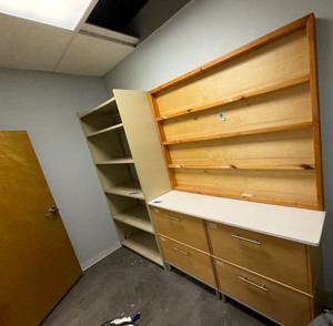 lot 272 image: 5-shelf bookcase,  4-drawer horizontal filing credenza, shallow-depth shelf unit could be a retail display