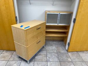 lot 270 image: 2-drawer wood horizontal file drawers, Modern wood cabinet wfrosted glass hinged doors