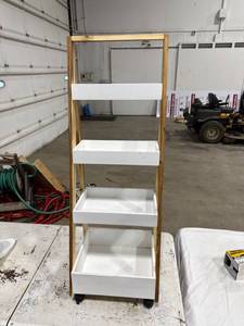 lot 0123 image: Mobile Wooden Shelf with Trays