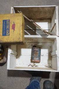 lot 135 image: Vintage Wooden Box With Vintage Tin Box and Can