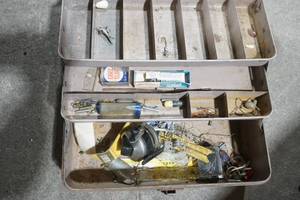 lot 136 image: AntiqueVintage Fishing Tackle Box with tackle and Zebco Reel