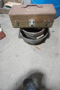 lot 147 image: Vintage Graniteware Bucket, Aluminum Bucket, and Tool Box