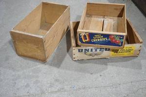lot 157 image: Vintage Fruit Crates (2ct) & Vintage Wooden Box (1ct)
