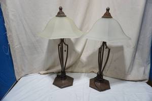 lot 24 image: Pair of Lamps with Frosted Glass Lamp Shades