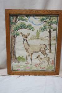 lot 55 image: Vintage Framed Embroidered Deer 20x16.5