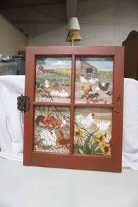 lot 64 image: Window Pane Wall Hanging. Farm Chickens Painting wChicken Wire