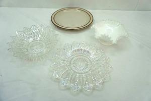 lot 348 image: Translucent Crystal Sunflower Platter & Bowl Fenton Ruffled Milk Glass Footed Bowl Stoneware Platter