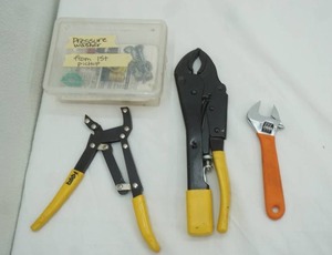 lot 402 image: Adjustable Crescent Wrench, Hand Keel Stud Crimper, 9-34 Turbo Locking Pliers, Heavy Duty Pressure Washer Spray Nozzles