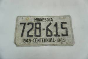 lot 411 image: 1949 Minnesota Centennial License Plate