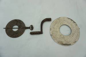 lot 456 image: Antique Cast Iron Stove Damper, Monarch Cast Iron Stove Crank Handle, Galvanized Round Stove Pipe Collar