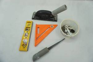 lot 491 image: Hand Tools Level, Measuring Triangle, Sheetrock Knife, Sander