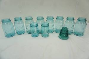 lot 522 image: Ball Mason Jars (Blue Glass) and One Antique Glass Insulator Blue Glass