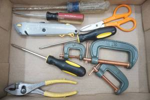 lot 536 image: Hand Tools screw drivers, pliers, utility knife, c-clamps and more