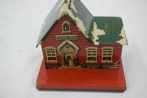 lot 550 image: Vintage Tin Lithograph Schoolhouse Coin Bank