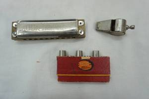 lot 553 image: Vintage Bugle Call Harmonica, Guitar Tuner, Whistle