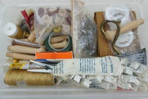 lot 573 image: Craft Supplies Clothes Pins, Wooden Dowels, String and more