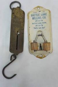 lot 628 image: vintage scale, broom holder