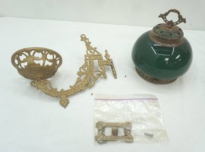 lot 644 image: Antique Lamp. Glass Shade and Cast Metal Hanging Piece. Pat. 1884