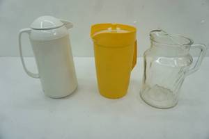 lot 649 image: Glass Pitcher, Tupperware Pitcher and Lid, Coffee Pot