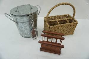 lot 650 image: Galvanized Ice Bucket and Scoop, Flatware Basket
