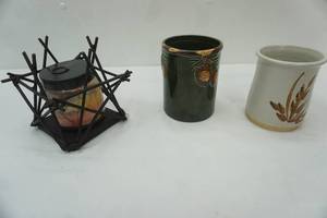 lot 651 image: Home Decor Crock Pottery Vase, Ceramic Vase and Candle & Metal Holder