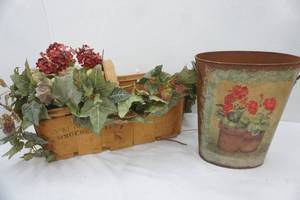 lot 670 image: Decor Basket, Artificial Flowers, Decorative Metal Waste Basket