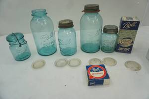 lot 674 image: Vintage Ball Blue Glass Canning Jars, Glass Caps, Zinc Caps