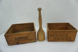 lot 675 image: Vintage Wooden Crate Boxes and Masher