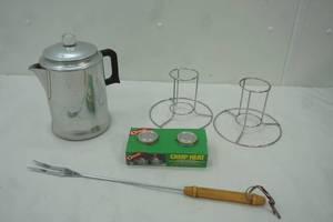 lot 679 image: Vintage Comet Aluminum Coffee Pot, Camp Heat Fuel Cans, Stands, Grilling Fork