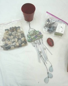 lot 694 image: Fairy Garden Accessories, Rocks, Wind Chime, Metal Planter