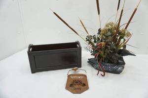 lot 705 image: Wooden Loon Planter wartificial arrangement, Wooden Decorative Box, and Metal Decorative Pocket