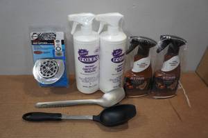 lot 238 image: Housewares - Folex Carpet Spot Remover, Weiman Leather Cleaner, Untesils