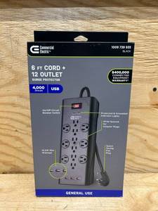 lot 32 image: Commercial Electric 6 ft. 12-Outlet Black Surge Protector with USB