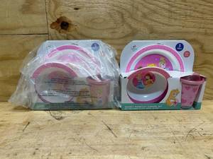 lot 215 image: Disney Princess 3pc Kids Dinnerware Set   BPA-Free Melamine Plate, Bowl & Cup   Aurora, Belle & Cinderella   Durable Toddler Tableware Ages 3
