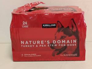 lot 105 image: KIRKLAND SIGNATURE NATURES DOMAIN TURKEY & PEA STEW FOR DOGS 24PK.